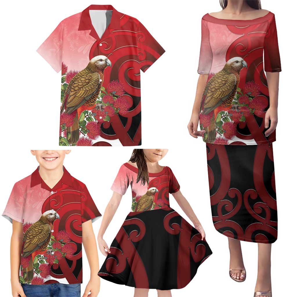 New Zealand Parrot Kaka Family Matching Puletasi and Hawaiian Shirt Maori Koru With Pohutukawa Flowers - Polynesian Pride