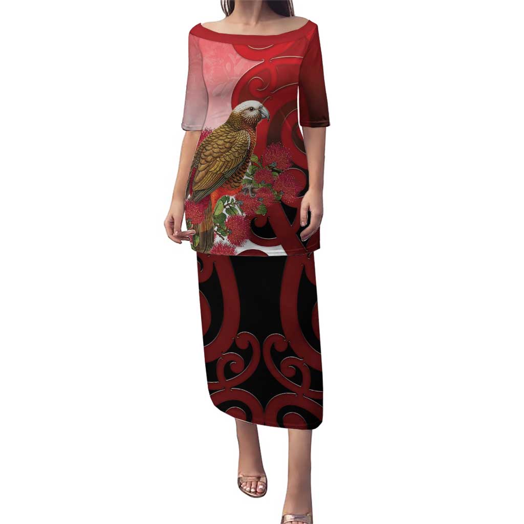 New Zealand Parrot Kaka Family Matching Puletasi and Hawaiian Shirt Maori Koru With Pohutukawa Flowers - Polynesian Pride