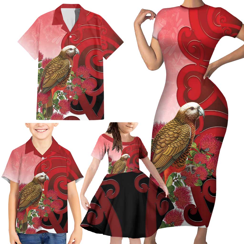 New Zealand Parrot Kaka Family Matching Short Sleeve Bodycon Dress and Hawaiian Shirt Maori Koru With Pohutukawa Flowers - Polynesian Pride
