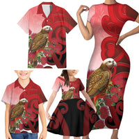 New Zealand Parrot Kaka Family Matching Short Sleeve Bodycon Dress and Hawaiian Shirt Maori Koru With Pohutukawa Flowers - Polynesian Pride