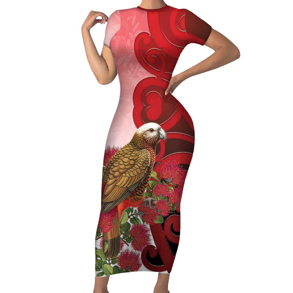 New Zealand Parrot Kaka Family Matching Short Sleeve Bodycon Dress and Hawaiian Shirt Maori Koru With Pohutukawa Flowers - Polynesian Pride