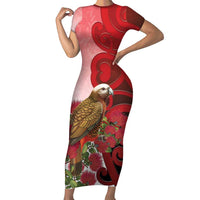 New Zealand Parrot Kaka Family Matching Short Sleeve Bodycon Dress and Hawaiian Shirt Maori Koru With Pohutukawa Flowers - Polynesian Pride