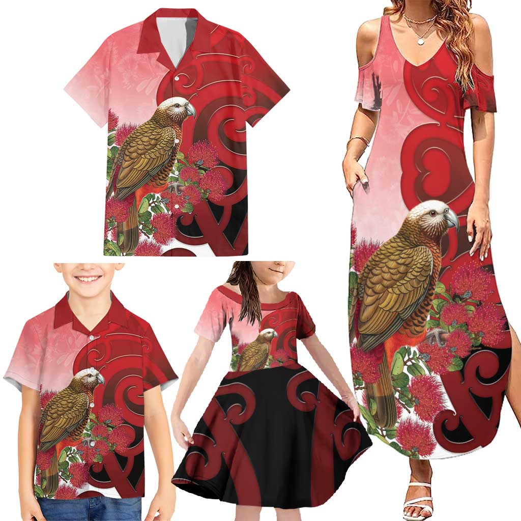 New Zealand Parrot Kaka Family Matching Summer Maxi Dress and Hawaiian Shirt Maori Koru With Pohutukawa Flowers - Polynesian Pride