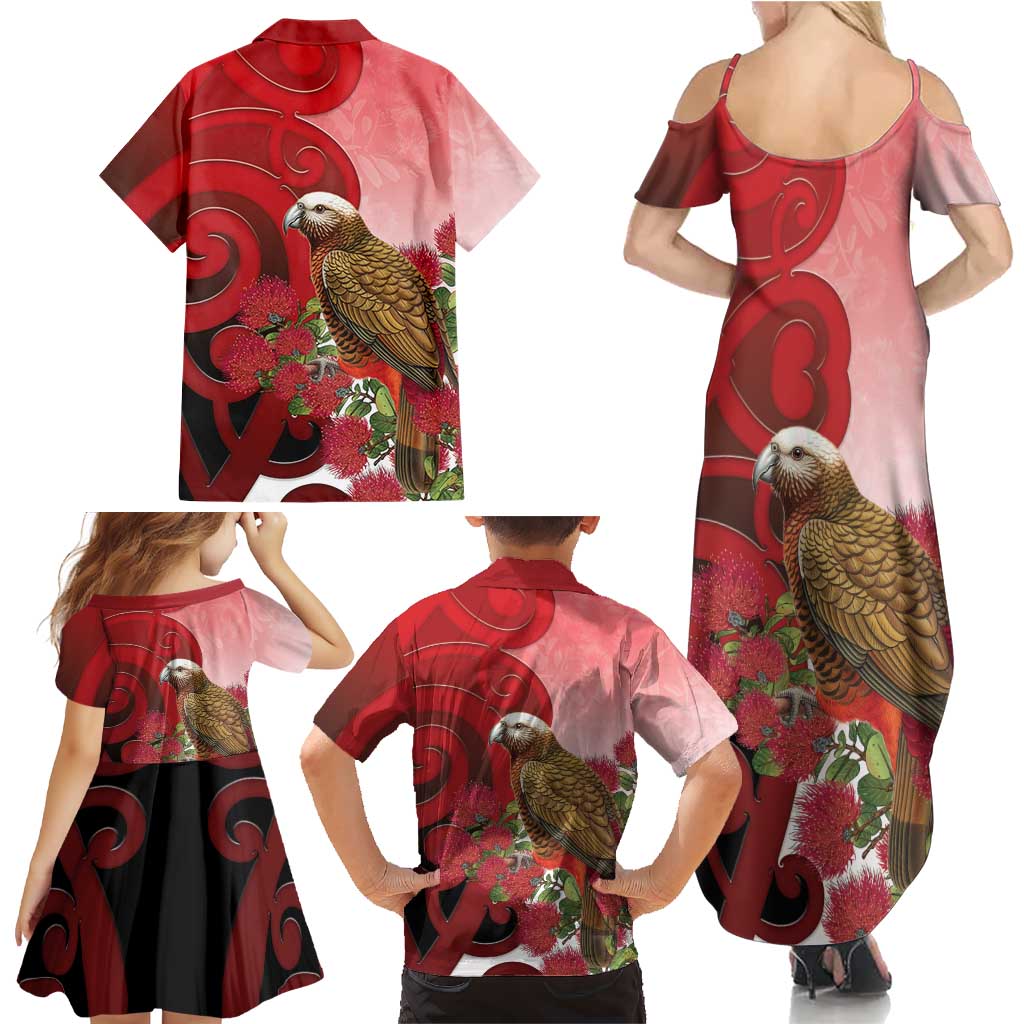 New Zealand Parrot Kaka Family Matching Summer Maxi Dress and Hawaiian Shirt Maori Koru With Pohutukawa Flowers - Polynesian Pride