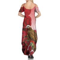 New Zealand Parrot Kaka Family Matching Summer Maxi Dress and Hawaiian Shirt Maori Koru With Pohutukawa Flowers - Polynesian Pride