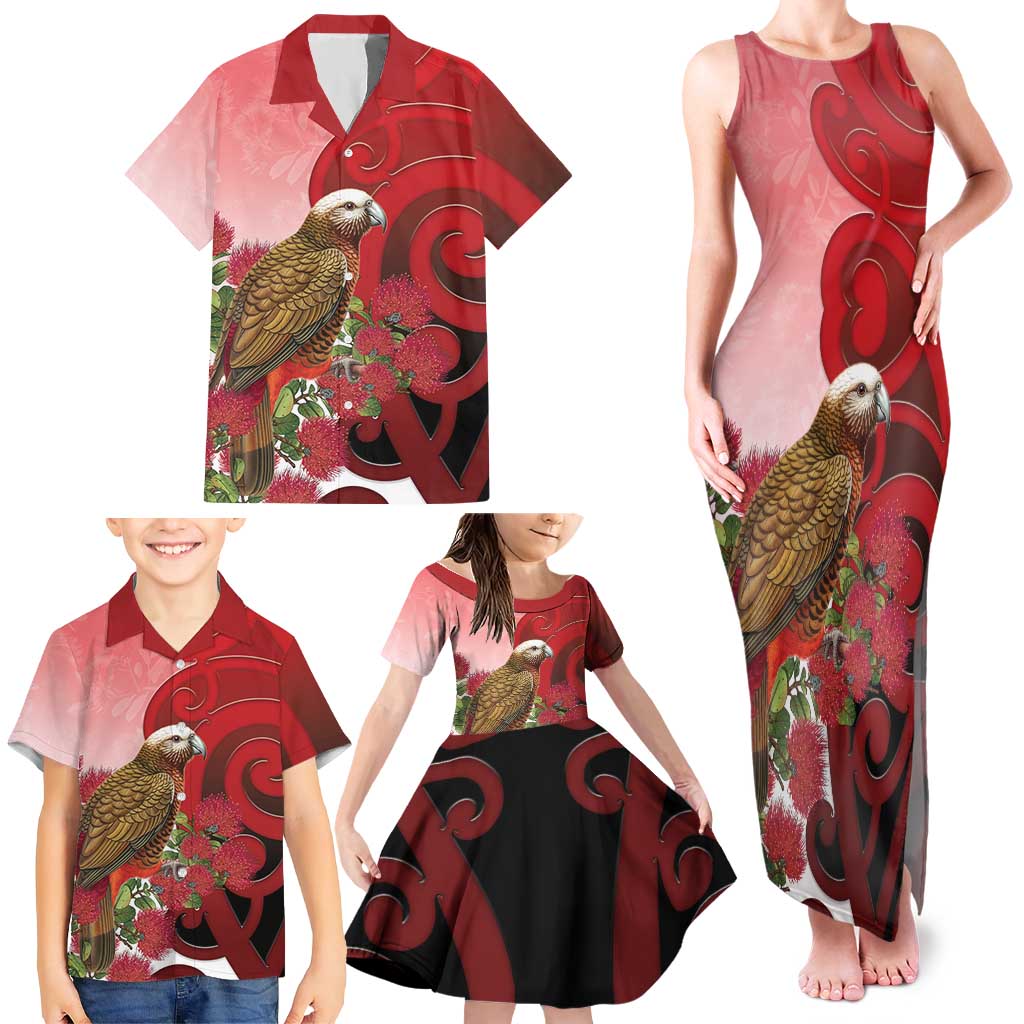 New Zealand Parrot Kaka Family Matching Tank Maxi Dress and Hawaiian Shirt Maori Koru With Pohutukawa Flowers - Polynesian Pride