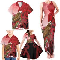 New Zealand Parrot Kaka Family Matching Tank Maxi Dress and Hawaiian Shirt Maori Koru With Pohutukawa Flowers - Polynesian Pride