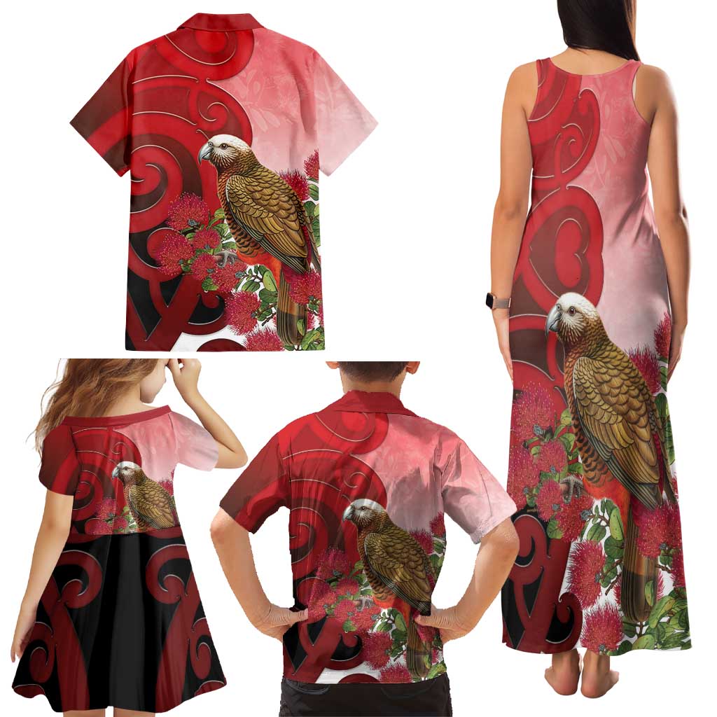 New Zealand Parrot Kaka Family Matching Tank Maxi Dress and Hawaiian Shirt Maori Koru With Pohutukawa Flowers - Polynesian Pride
