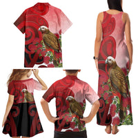 New Zealand Parrot Kaka Family Matching Tank Maxi Dress and Hawaiian Shirt Maori Koru With Pohutukawa Flowers - Polynesian Pride