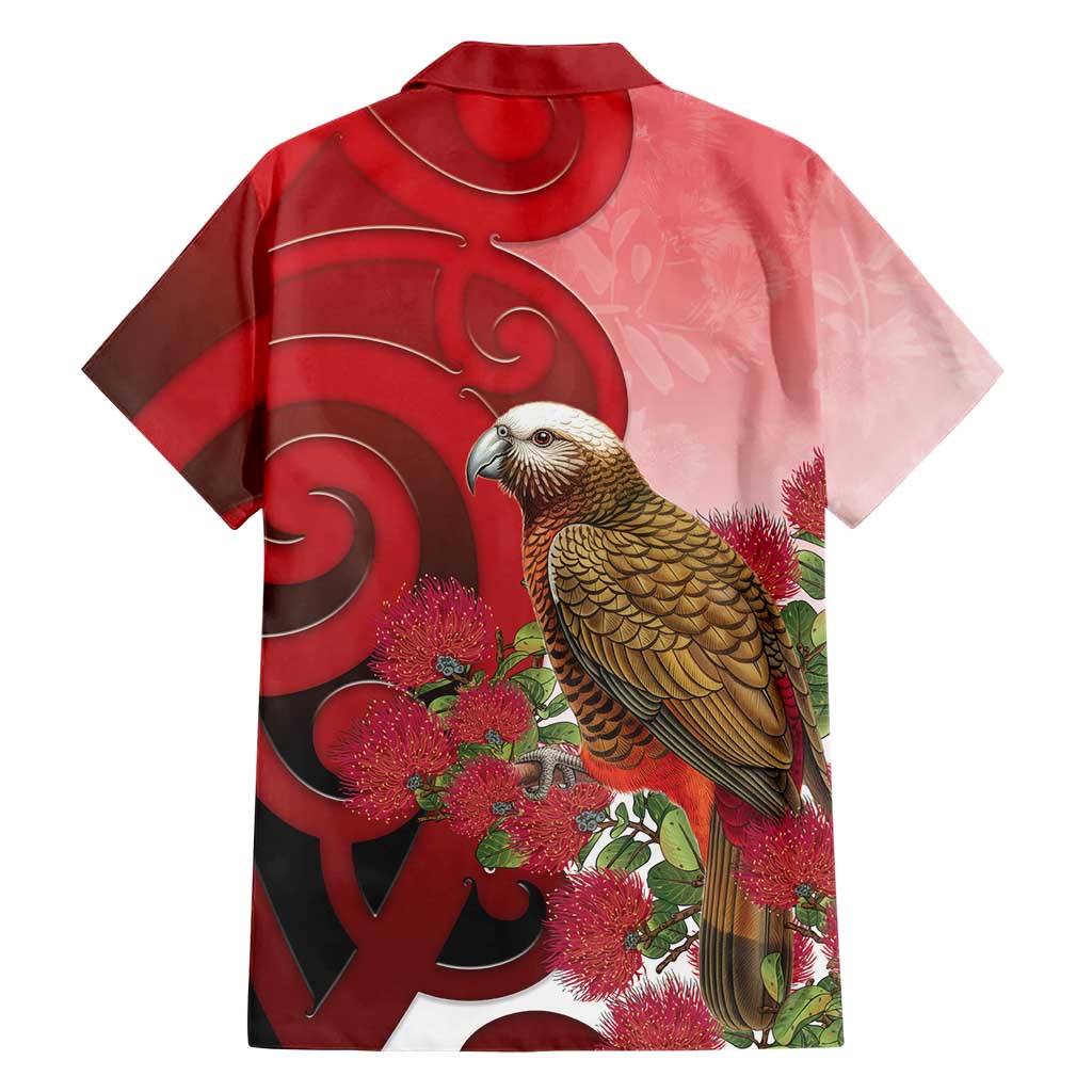 New Zealand Parrot Kaka Family Matching Tank Maxi Dress and Hawaiian Shirt Maori Koru With Pohutukawa Flowers - Polynesian Pride