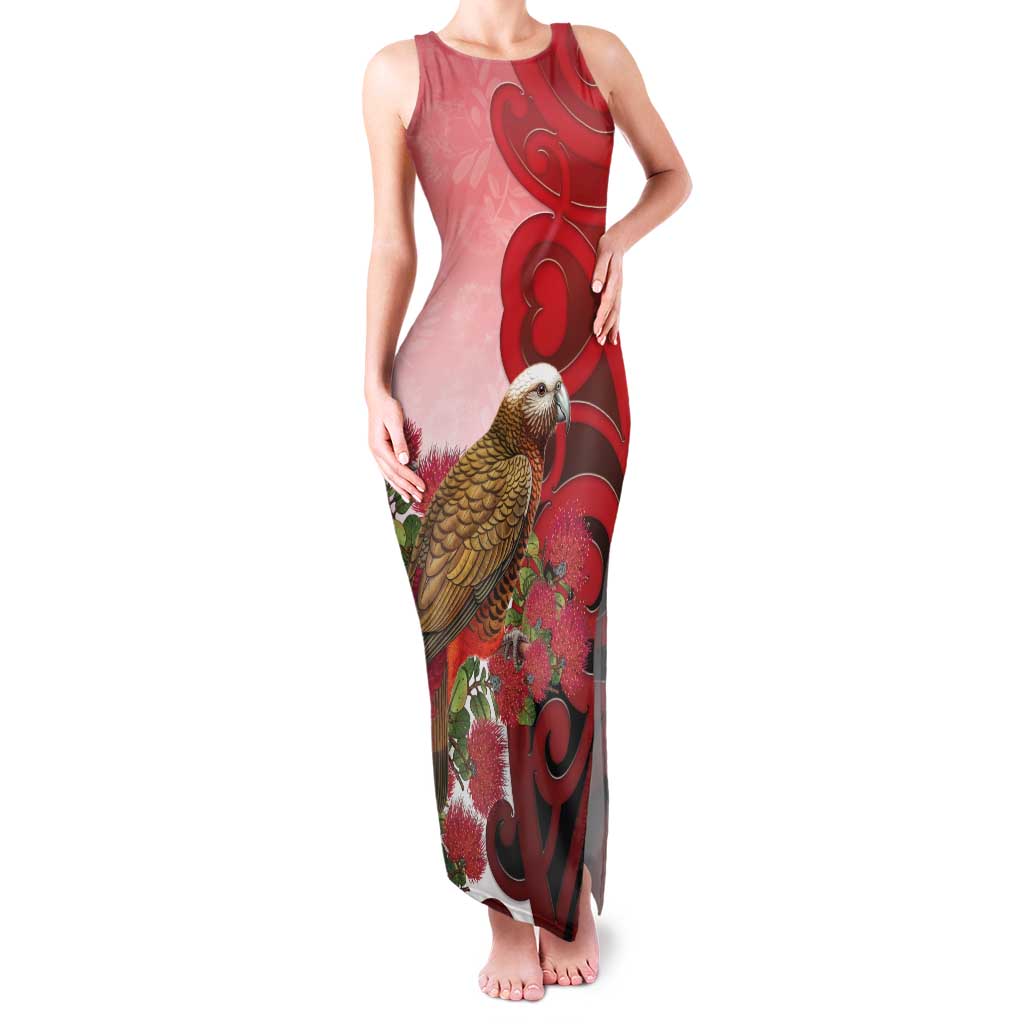 New Zealand Parrot Kaka Family Matching Tank Maxi Dress and Hawaiian Shirt Maori Koru With Pohutukawa Flowers - Polynesian Pride
