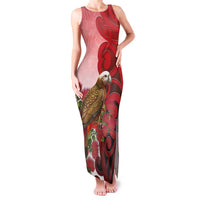 New Zealand Parrot Kaka Family Matching Tank Maxi Dress and Hawaiian Shirt Maori Koru With Pohutukawa Flowers - Polynesian Pride