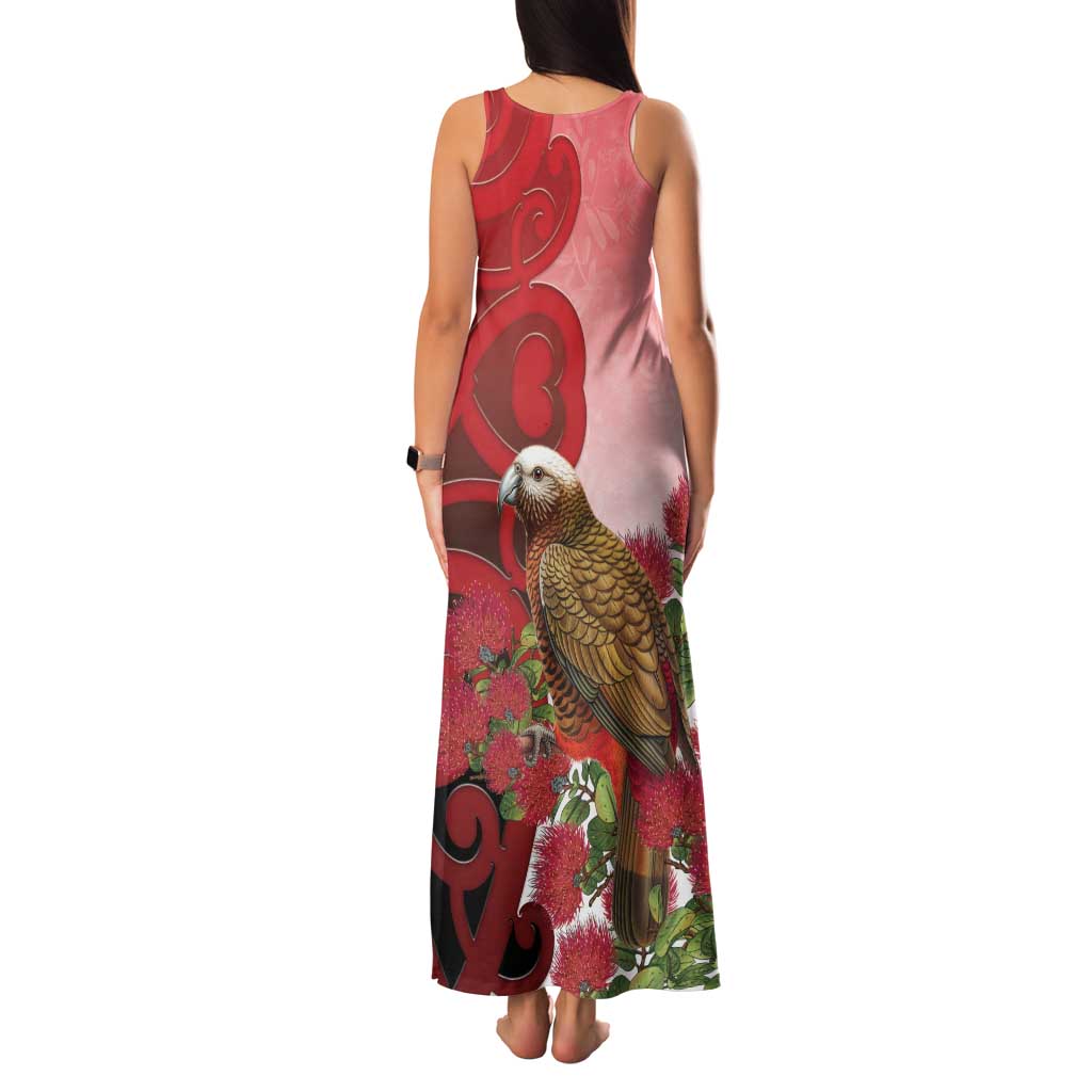 New Zealand Parrot Kaka Family Matching Tank Maxi Dress and Hawaiian Shirt Maori Koru With Pohutukawa Flowers - Polynesian Pride