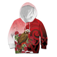 New Zealand Parrot Kaka Kid Hoodie Maori Koru With Pohutukawa Flowers - Polynesian Pride