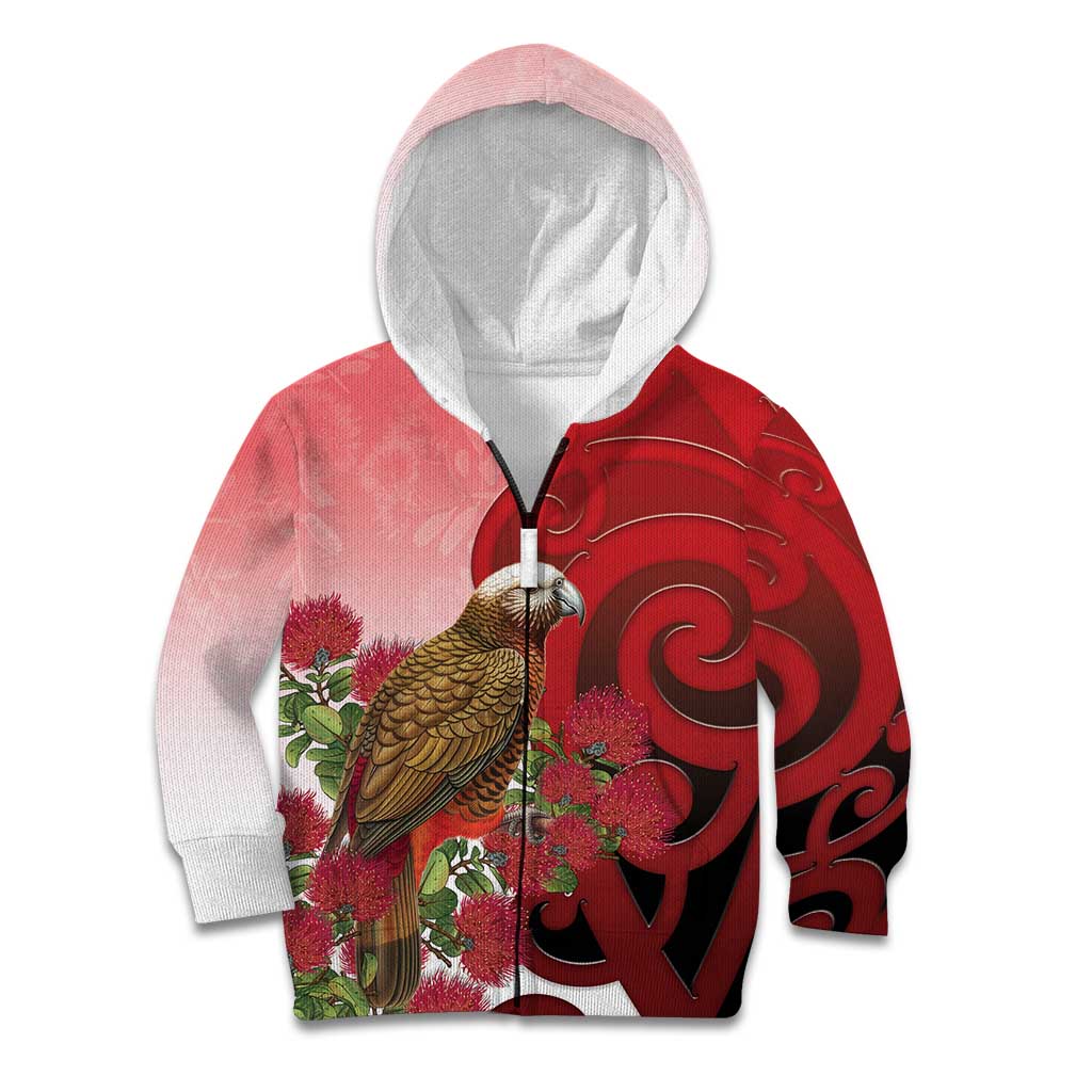 New Zealand Parrot Kaka Kid Hoodie Maori Koru With Pohutukawa Flowers - Polynesian Pride