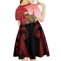 New Zealand Parrot Kaka Kid Short Sleeve Dress Maori Koru With Pohutukawa Flowers - Polynesian Pride