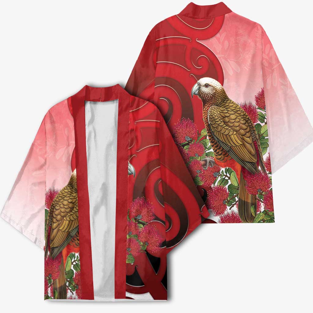 New Zealand Parrot Kaka Kimono Maori Koru With Pohutukawa Flowers LT05 - Polynesian Pride