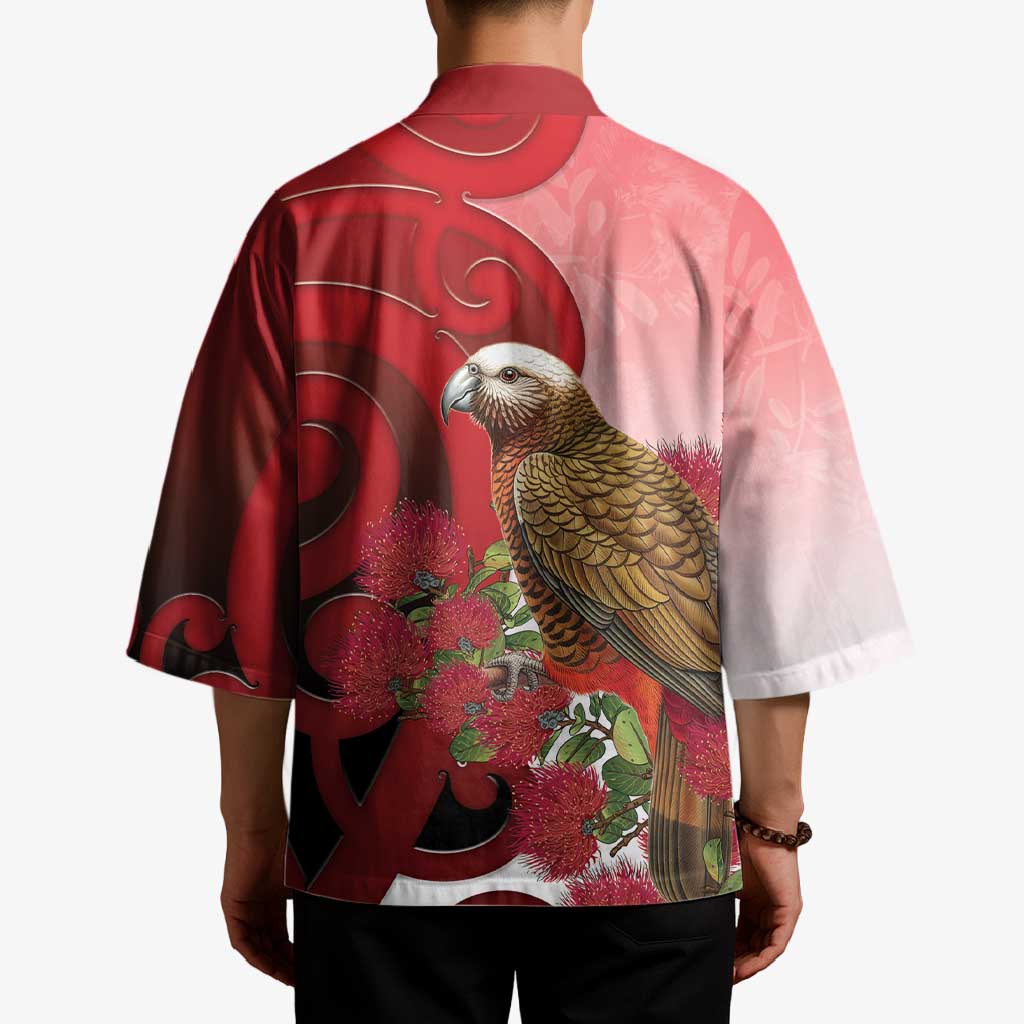 New Zealand Parrot Kaka Kimono Maori Koru With Pohutukawa Flowers LT05 - Polynesian Pride
