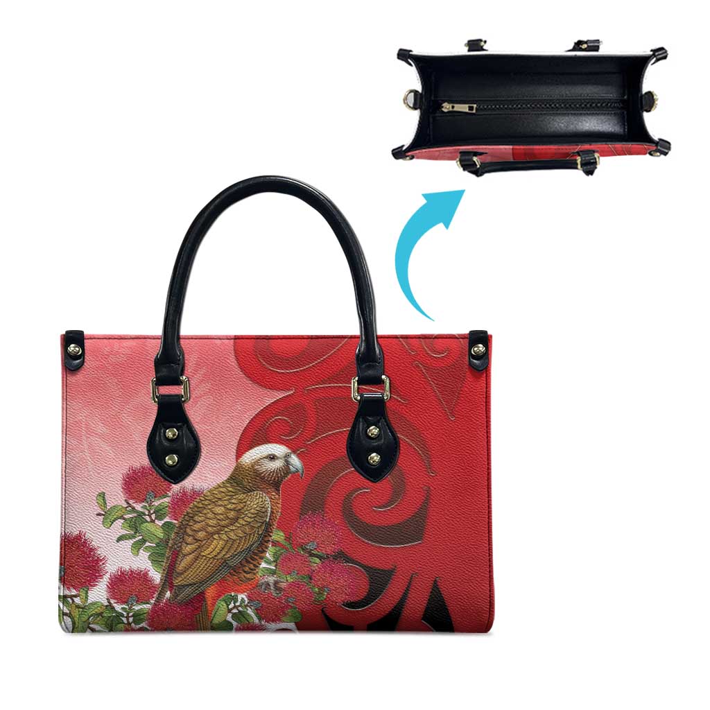 New Zealand Parrot Kaka Leather Bag Maori Koru With Pohutukawa Flowers LT05 - Polynesian Pride