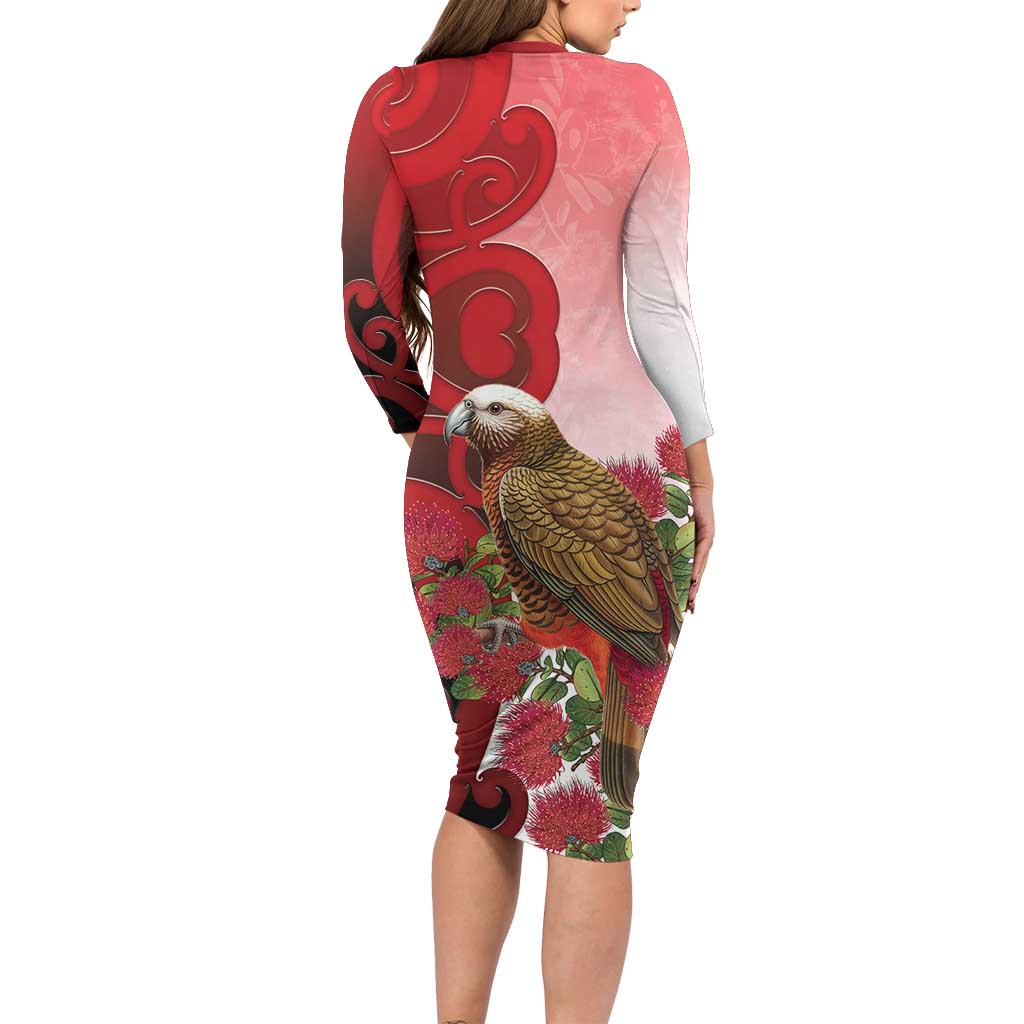 New Zealand Parrot Kaka Long Sleeve Bodycon Dress Maori Koru With Pohutukawa Flowers - Polynesian Pride