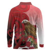 New Zealand Parrot Kaka Long Sleeve Polo Shirt Maori Koru With Pohutukawa Flowers - Polynesian Pride