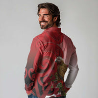 New Zealand Parrot Kaka Long Sleeve Polo Shirt Maori Koru With Pohutukawa Flowers - Polynesian Pride