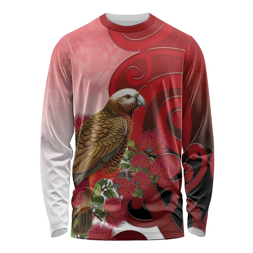 New Zealand Parrot Kaka Long Sleeve Shirt Maori Koru With Pohutukawa Flowers LT05 Unisex Red - Polynesian Pride