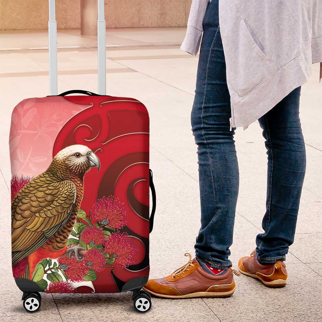 New Zealand Parrot Kaka Luggage Cover Maori Koru With Pohutukawa Flowers - Polynesian Pride
