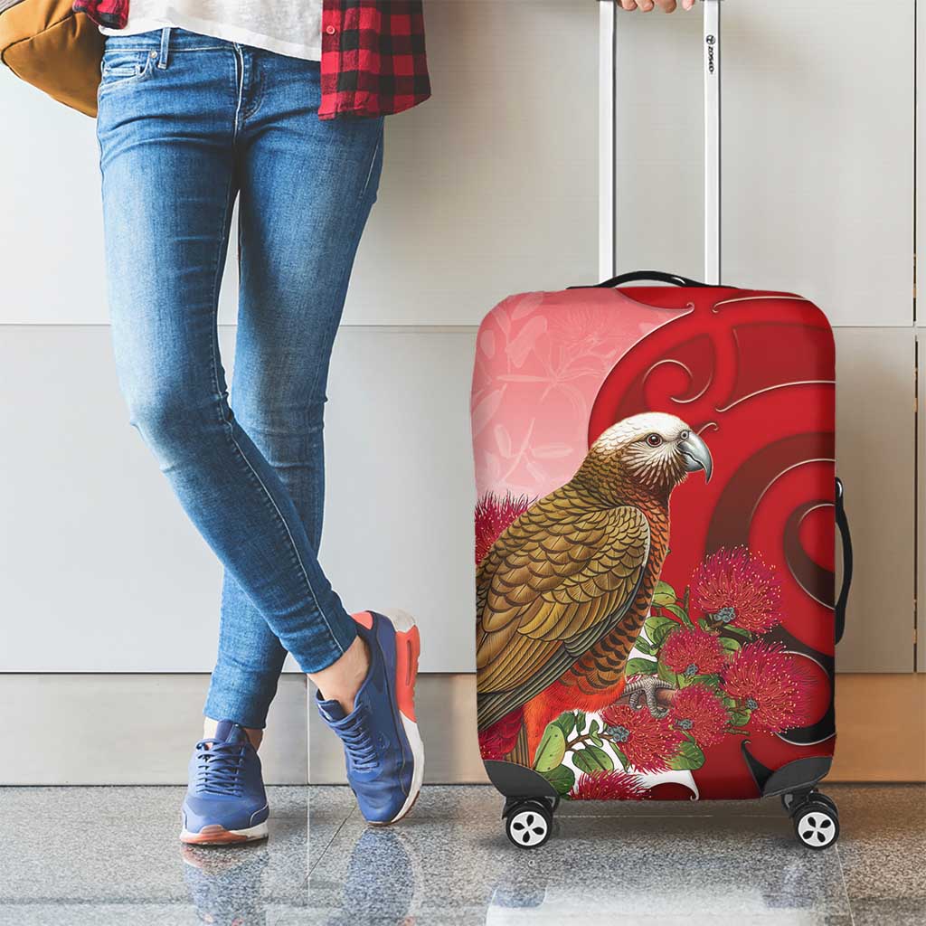 New Zealand Parrot Kaka Luggage Cover Maori Koru With Pohutukawa Flowers - Polynesian Pride