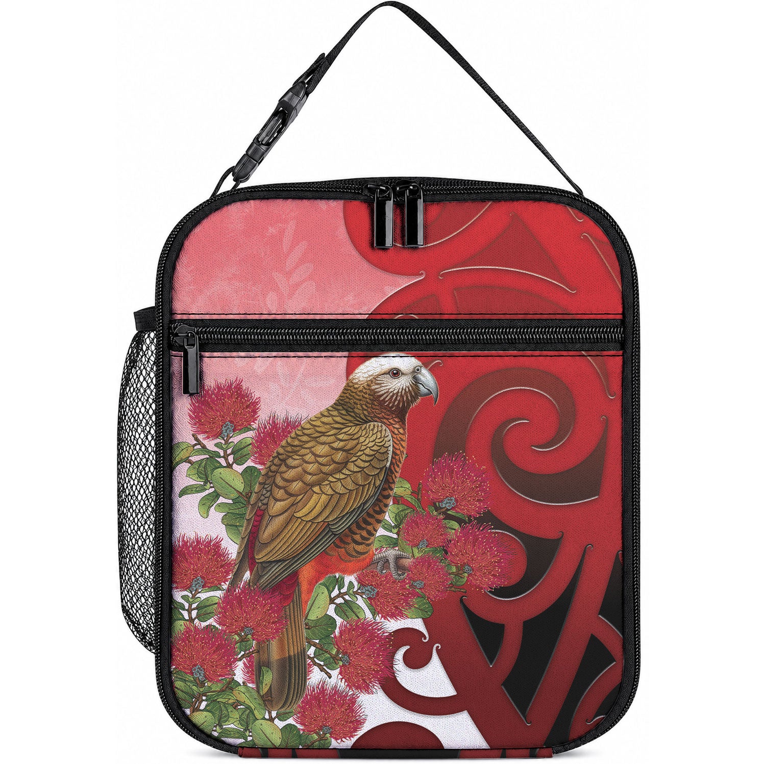 New Zealand Parrot Kaka Lunch Bag Maori Koru With Pohutukawa Flowers LT05 10.2 × 8.3 × 4.3 inch Red - Polynesian Pride