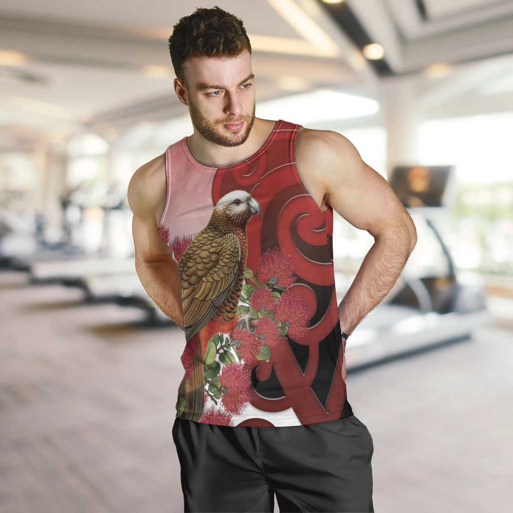 New Zealand Parrot Kaka Men Tank Top Maori Koru With Pohutukawa Flowers LT05 Red - Polynesian Pride