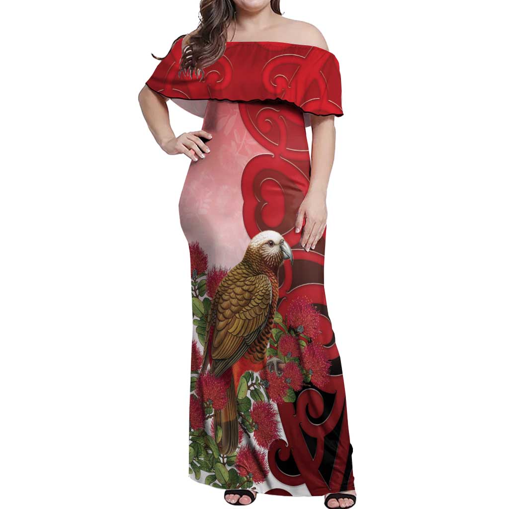New Zealand Parrot Kaka Off Shoulder Maxi Dress Maori Koru With Pohutukawa Flowers LT05 Women Red - Polynesian Pride