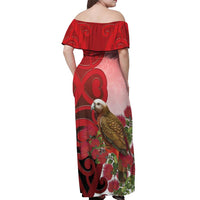 New Zealand Parrot Kaka Off Shoulder Maxi Dress Maori Koru With Pohutukawa Flowers - Polynesian Pride