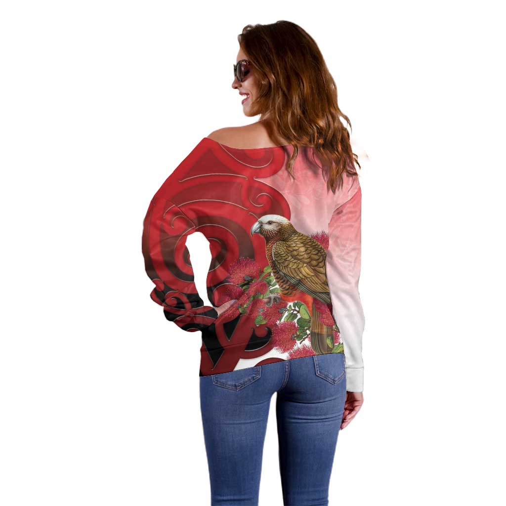 New Zealand Parrot Kaka Off Shoulder Sweater Maori Koru With Pohutukawa Flowers LT05 - Polynesian Pride