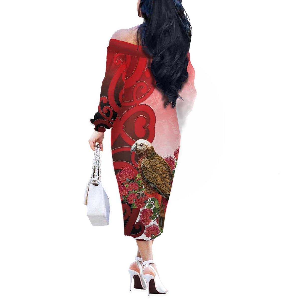 New Zealand Parrot Kaka Off The Shoulder Long Sleeve Dress Maori Koru With Pohutukawa Flowers - Polynesian Pride
