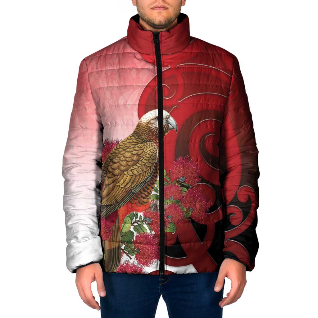 New Zealand Parrot Kaka Padded Jacket Maori Koru With Pohutukawa Flowers LT05 Men Red - Polynesian Pride