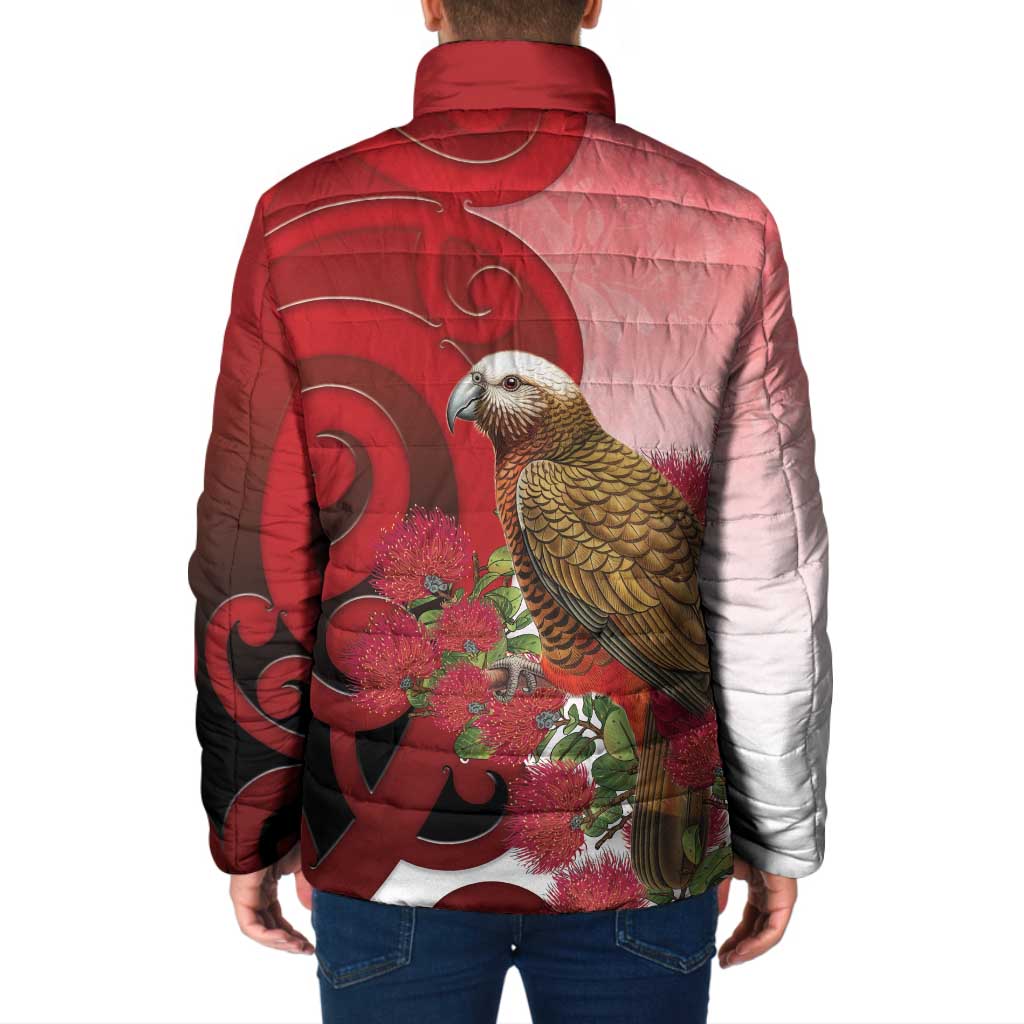 New Zealand Parrot Kaka Padded Jacket Maori Koru With Pohutukawa Flowers LT05 - Polynesian Pride