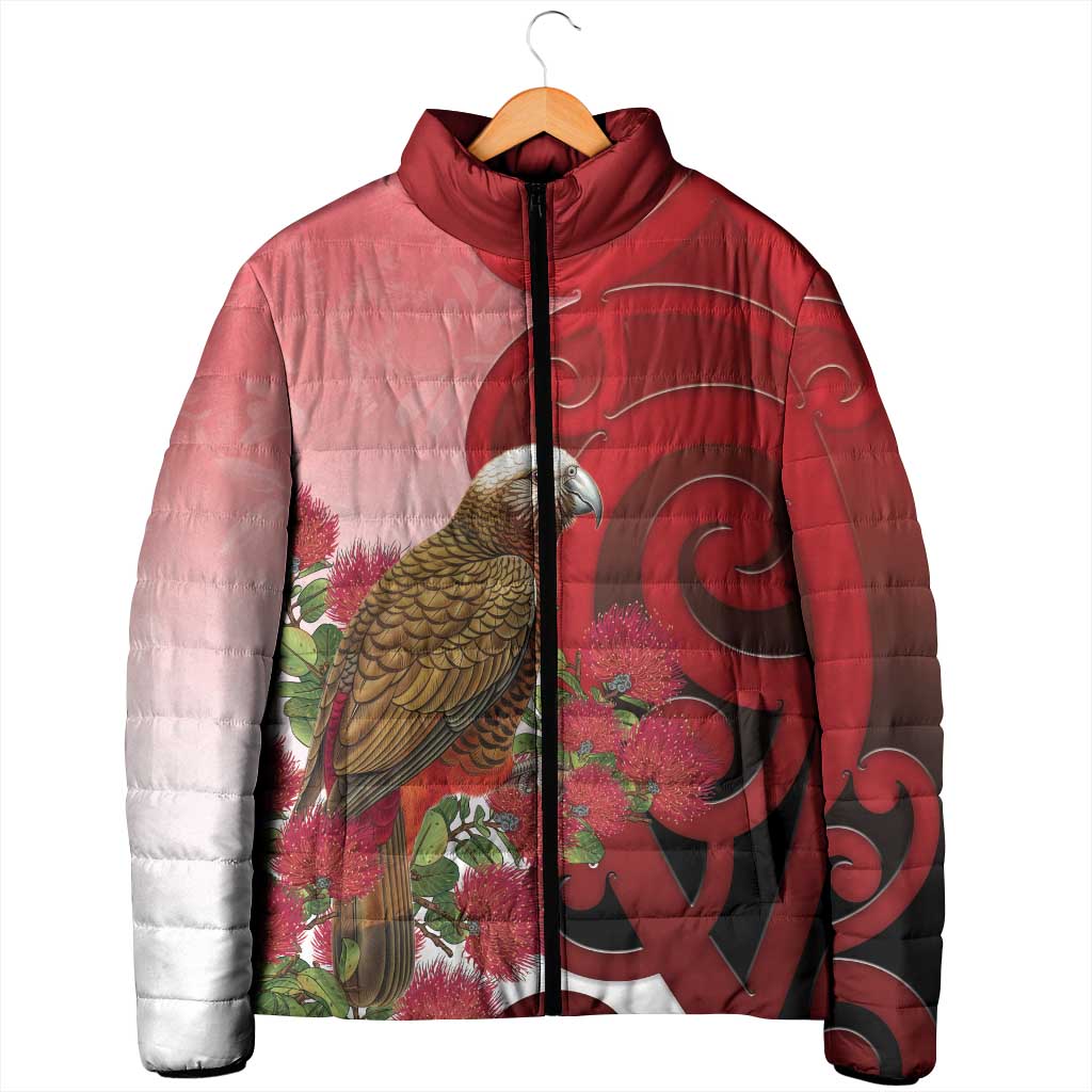 New Zealand Parrot Kaka Padded Jacket Maori Koru With Pohutukawa Flowers LT05 - Polynesian Pride