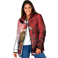 New Zealand Parrot Kaka Padded Jacket Maori Koru With Pohutukawa Flowers LT05 Women Red - Polynesian Pride