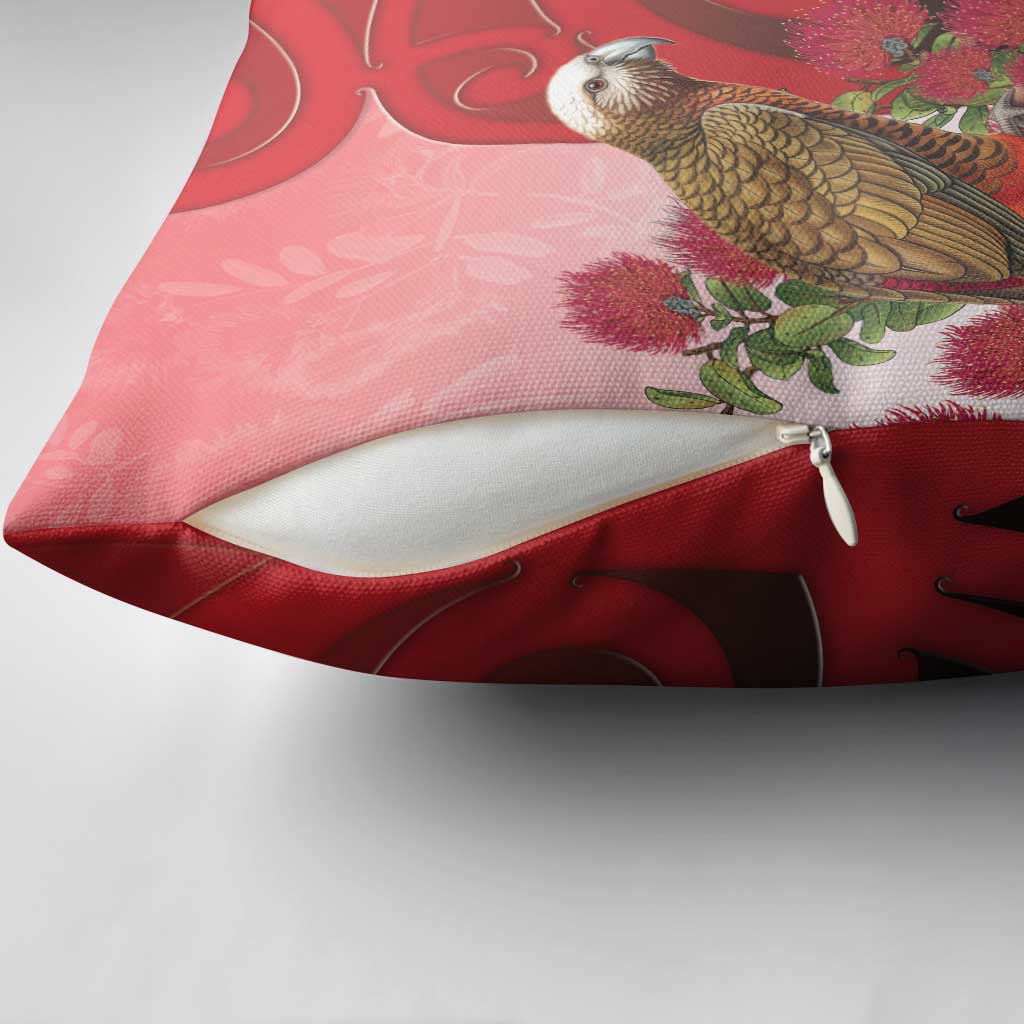 New Zealand Parrot Kaka Pillow Cover Maori Koru With Pohutukawa Flowers LT05 - Polynesian Pride
