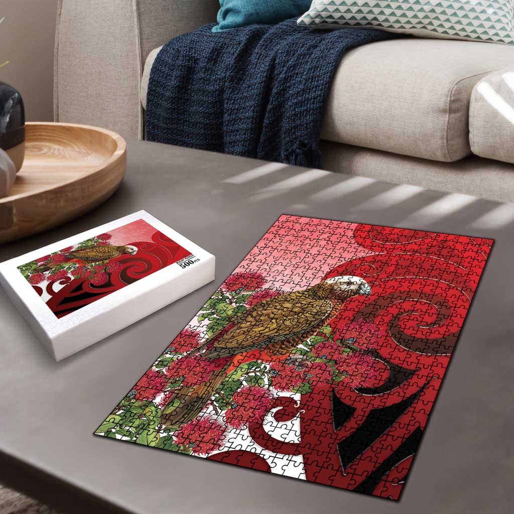 New Zealand Parrot Kaka Puzzle Maori Koru With Pohutukawa Flowers - Polynesian Pride