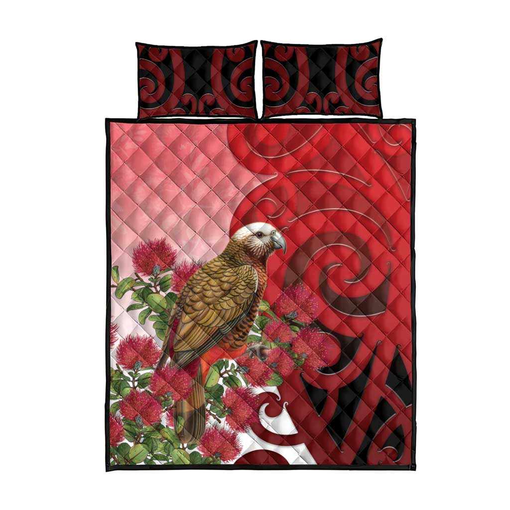 New Zealand Parrot Kaka Quilt Bed Set Maori Koru With Pohutukawa Flowers - Polynesian Pride