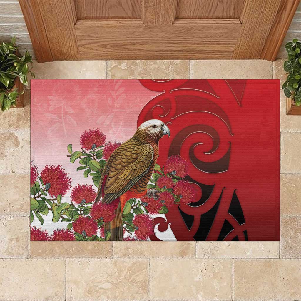 New Zealand Parrot Kaka Rubber Doormat Maori Koru With Pohutukawa Flowers LT05 Red - Polynesian Pride