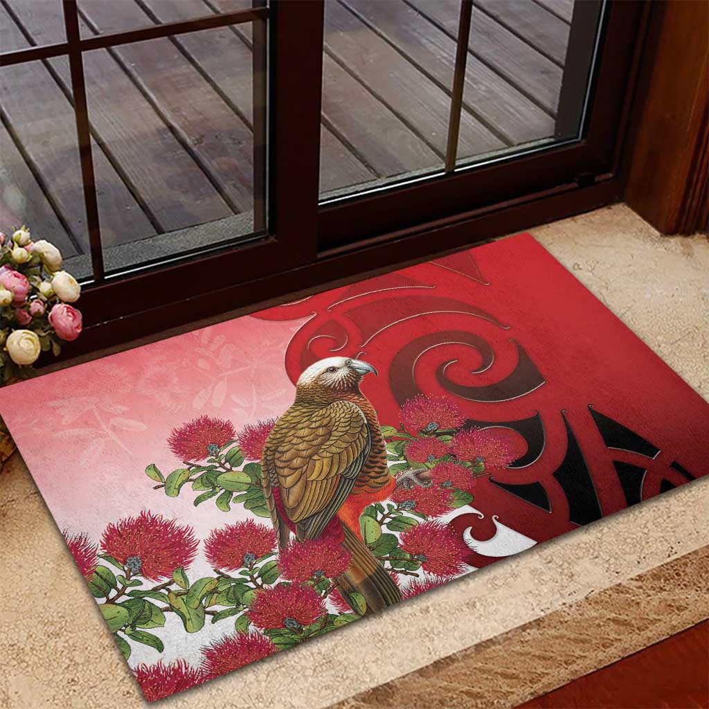 New Zealand Parrot Kaka Rubber Doormat Maori Koru With Pohutukawa Flowers LT05 - Polynesian Pride