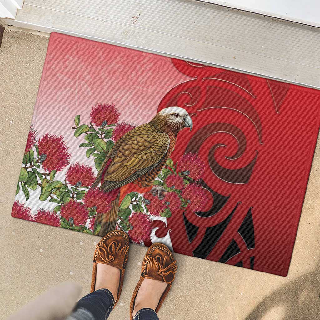 New Zealand Parrot Kaka Rubber Doormat Maori Koru With Pohutukawa Flowers LT05 - Polynesian Pride