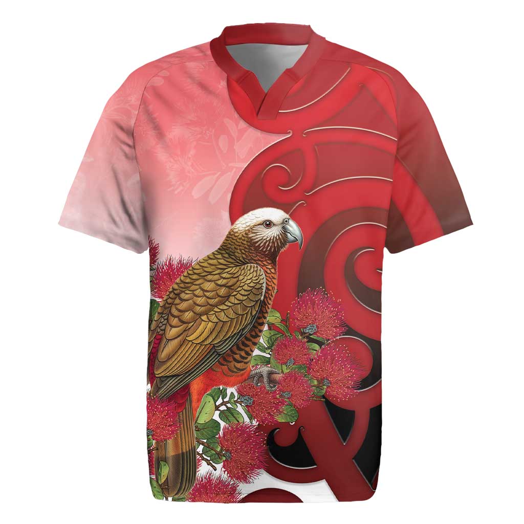 New Zealand Parrot Kaka Rugby Jersey Maori Koru With Pohutukawa Flowers LT05 Red - Polynesian Pride