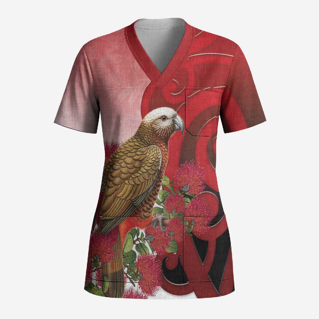New Zealand Parrot Kaka Scrub Top Maori Koru With Pohutukawa Flowers LT05 Adult Red - Polynesian Pride