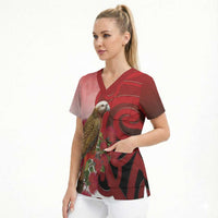New Zealand Parrot Kaka Scrub Top Maori Koru With Pohutukawa Flowers LT05 - Polynesian Pride