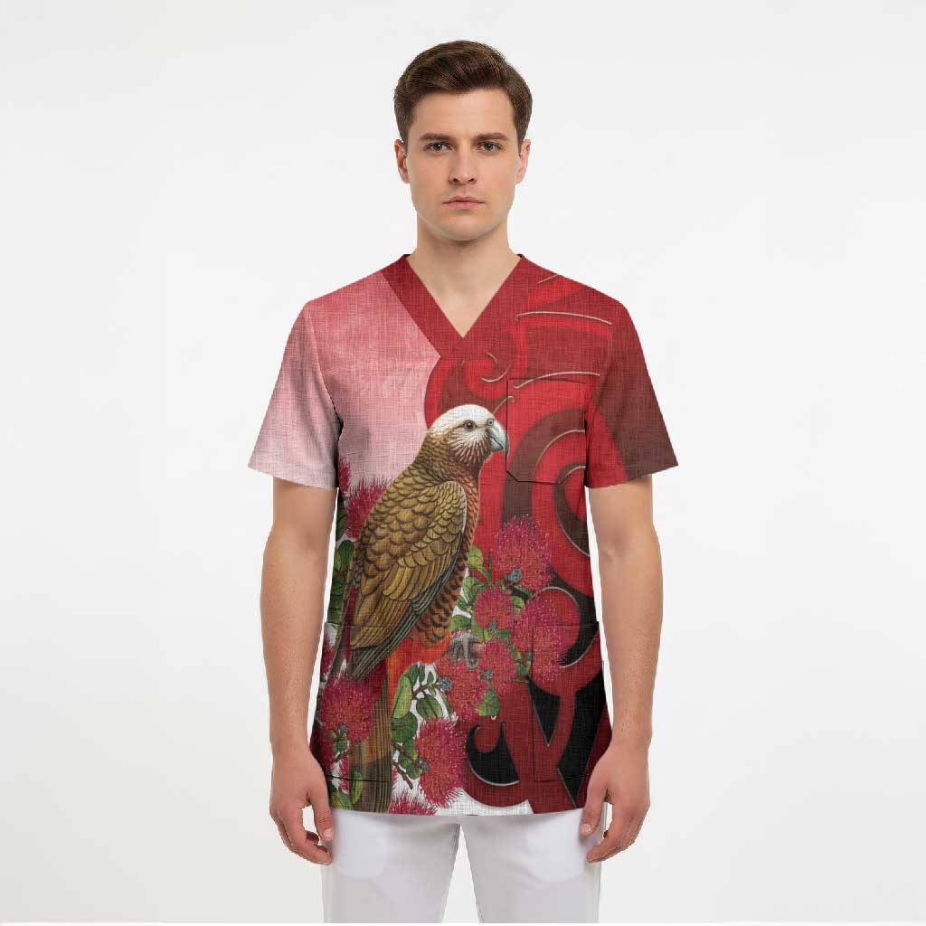 New Zealand Parrot Kaka Scrub Top Maori Koru With Pohutukawa Flowers LT05 - Polynesian Pride