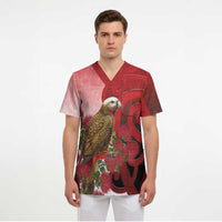 New Zealand Parrot Kaka Scrub Top Maori Koru With Pohutukawa Flowers LT05 - Polynesian Pride